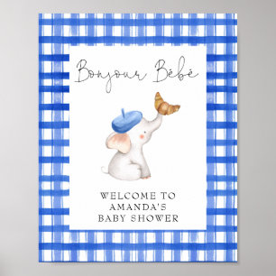 Bonjour French Gingham Blue Welcome Baby Shower Poster