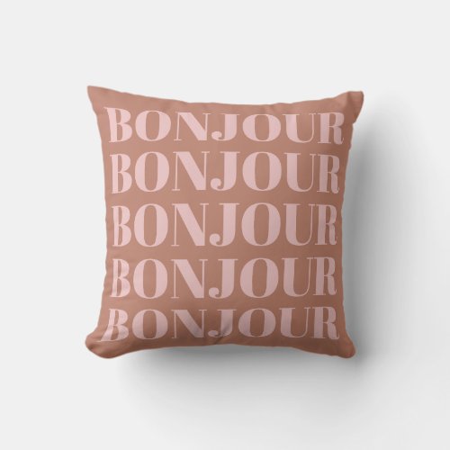 Bonjour  French Typography Terracotta and Blush Throw Pillow