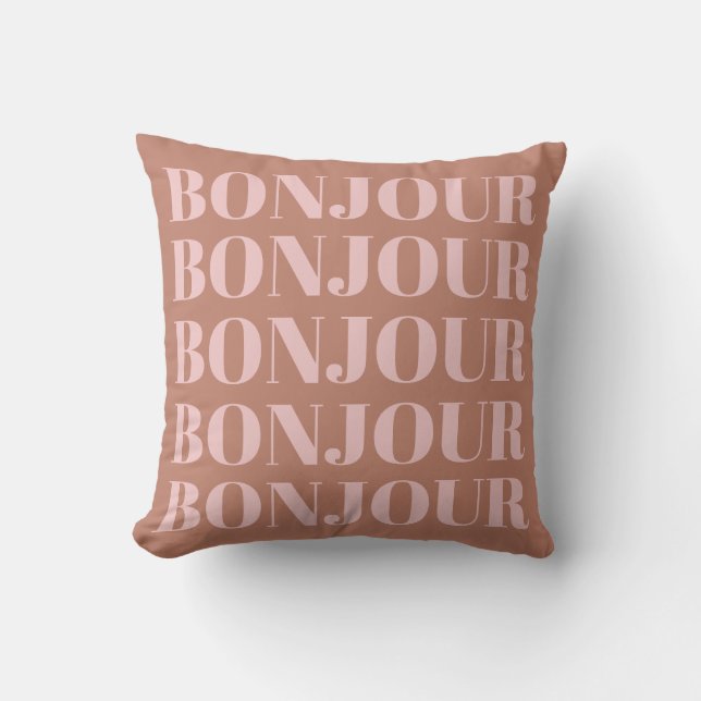 Bonjour | French Typography Terracotta and Blush Throw Pillow (Front)