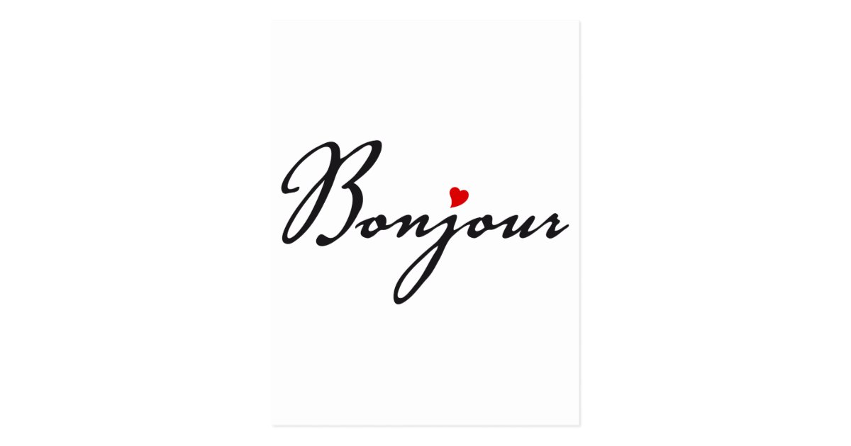 Bonjour, French word art with red heart Postcard