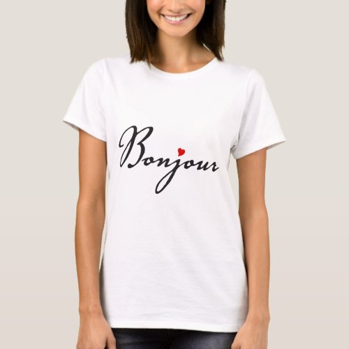 Bonjour French word art with red heart T_Shirt