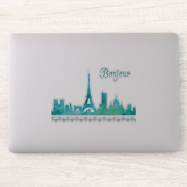 Bonjour from Paris France Watercolor Skyline Sticker (Computer)