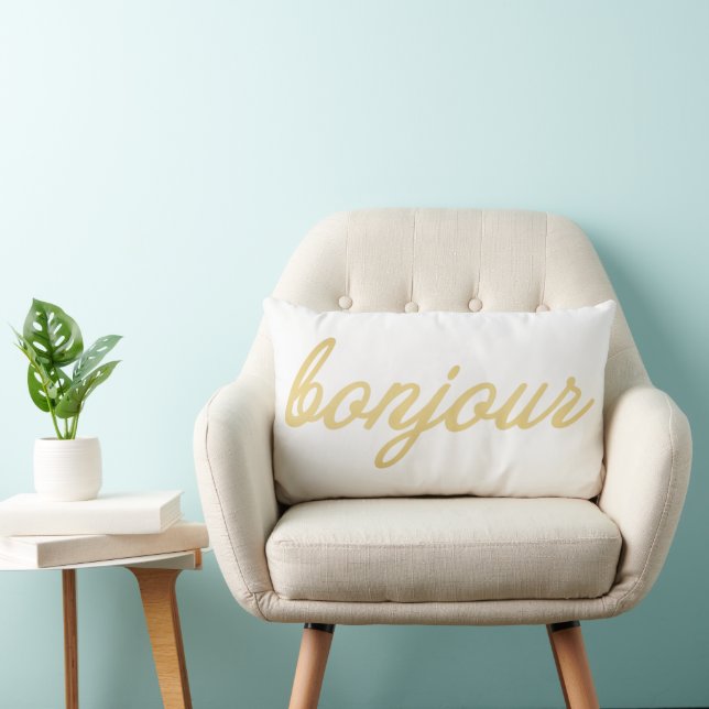 Bonjour Gold Script White Lumbar Pillow (Chair)