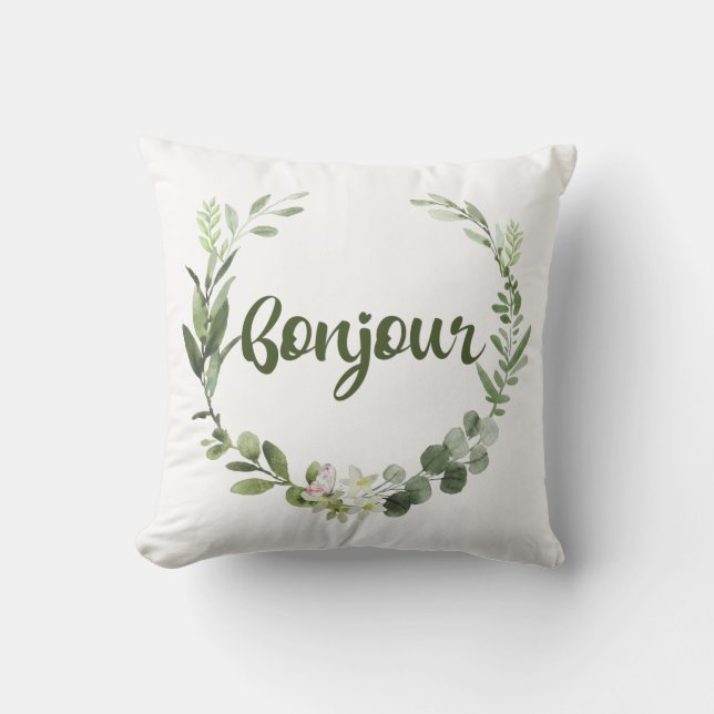 Bonjour Hello French Throw Pillow (Front)