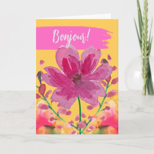 Bonjour Hello in French Watercolor Flowers Card