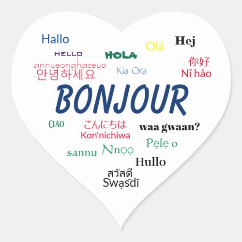 Bonjour Hello Languages World Travel Colorful Heart Sticker
