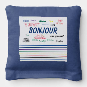 Bonjour Hello Multiple Languages Stripes Cornhole Bags
