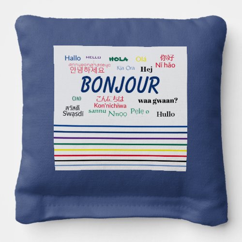 Bonjour Hello Multiple Languages Stripes Cornhole Bags