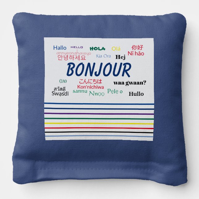 Bonjour Hello Multiple Languages Stripes Cornhole Bags (Front 2)