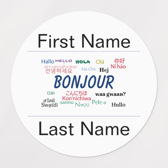 Bonjour Hello Party Name Template World Languages Labels (Design 1)
