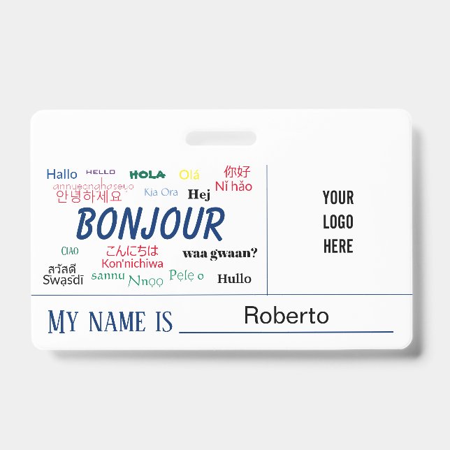 Bonjour Hello World Many Languages Logo Name Badge (Front)