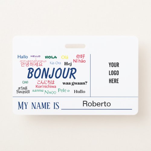 Bonjour Hello World Many Languages Logo Name Badge