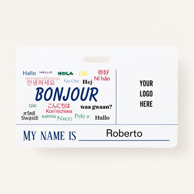 Bonjour Hello World Many Languages Logo Name Badge (Front)