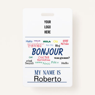 Bonjour Hello World Travel Languages Colorful Name Badge