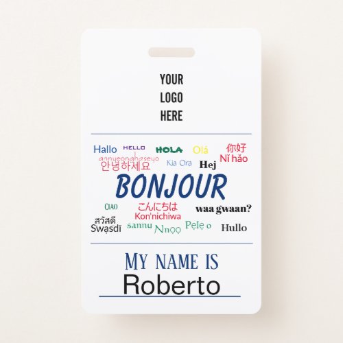 Bonjour Hello World Travel Languages Colorful Name Badge