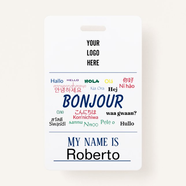Bonjour Hello World Travel Languages Colorful Name Badge (Front)
