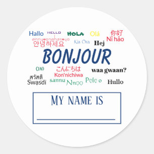 Bonjour Hello World Travel Languages Colorful Name Classic Round Sticker