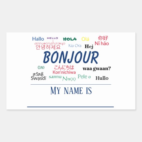 Bonjour Hello World Travel Languages Colorful Name Rectangular Sticker