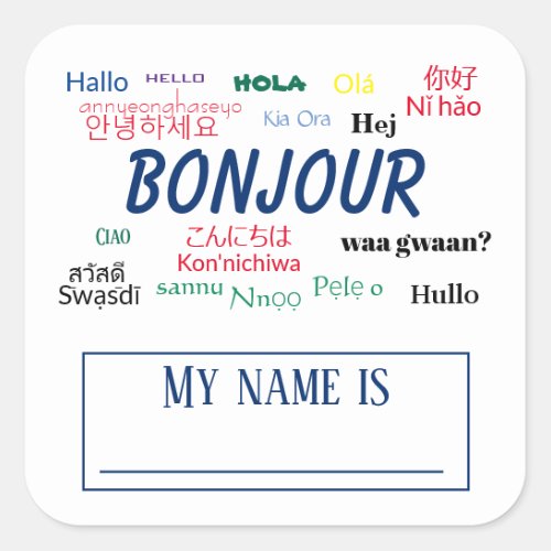 Bonjour Hello World Travel Languages Colorful Name Square Sticker