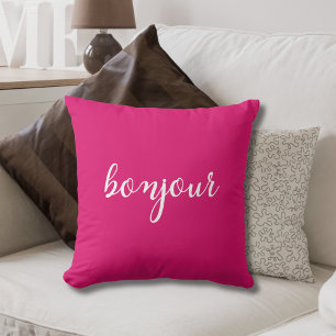 Bonjour! Hot Pink typography Throw Pillow
