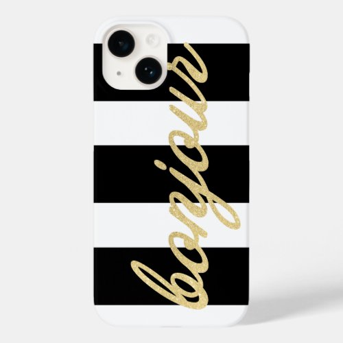 Bonjour in Gold Script Black Stripes French Hello Case_Mate iPhone 14 Case