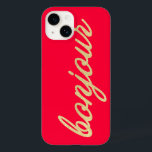 Bonjour in Gold Script Red French Hello Case-Mate iPhone 14 Case<br><div class="desc">Dress up and protect your iphone with a chic French themed Bonjour (good day; good morning; hello) design. Features script text with a gold shimmer appearance (prints flat) and cherry red (custom color) background.</div>