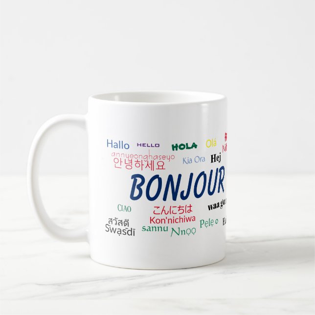 Bonjour Languages World Travel Colorful Coffee Mug (Left)