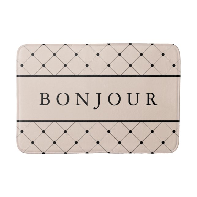 Bonjour Light Pink and Black Parisian Style Bathroom Mat (Front)