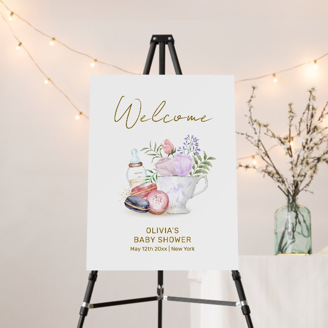 Bonjour Macarons Milk Tea Baby Shower Welcome Sign (In Situ (Stand))