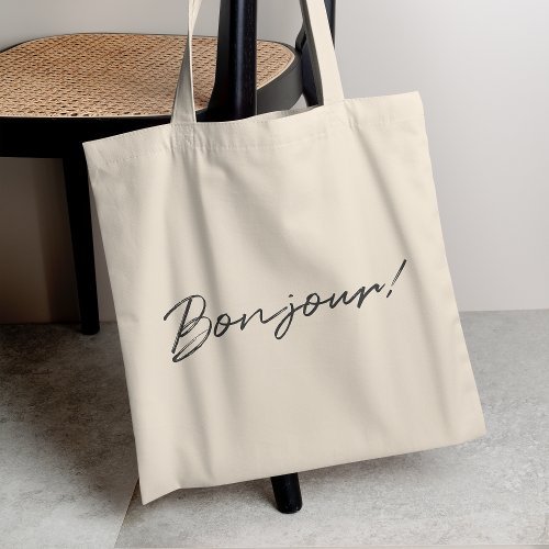 Bonjour  Modern Script French Hello Trendy Black Tote Bag