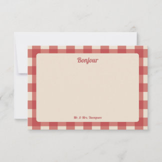 Bonjour Mr and Mrs Red Gingham Pattern Thank You Card