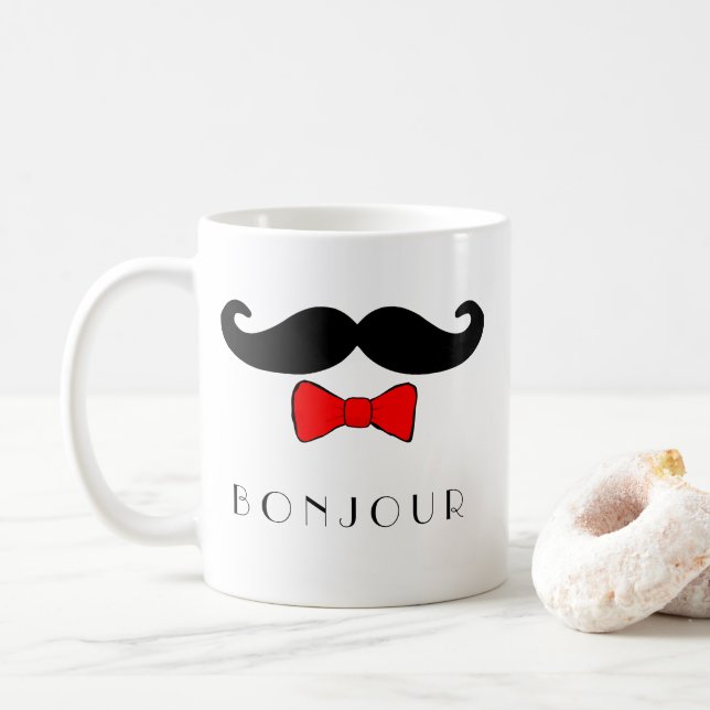Bonjour Mustache and Red Bowtie Coffee Mug (With Donut)