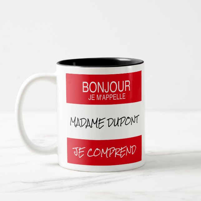 "Bonjour" Name Badge French Teacher Gift Mug (Left)