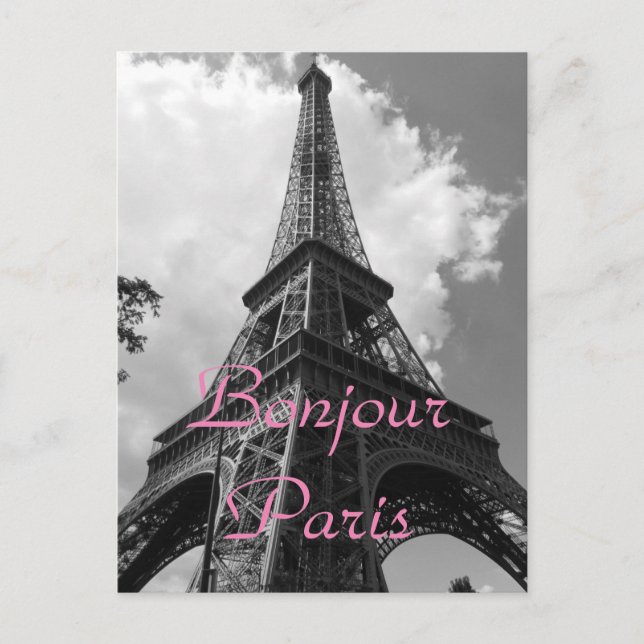 Bonjour Paris Black White Eiffel Tower France Holiday Postcard (Front)