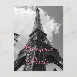 Bonjour Paris Black White Eiffel Tower France Postcard