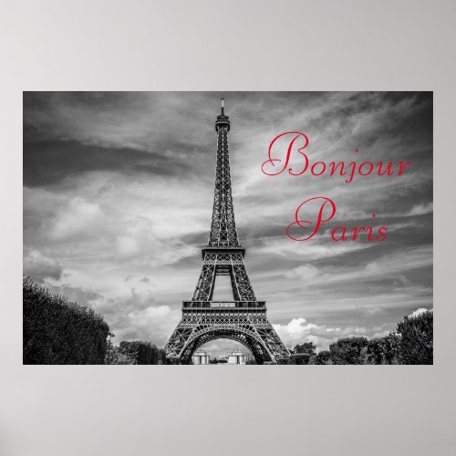 Bonjour Paris Black White Eiffel Tower Travel Poster