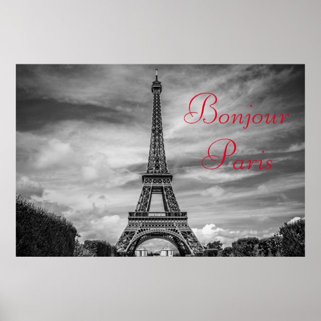 Bonjour Paris Black White Eiffel Tower Travel Poster (Front)