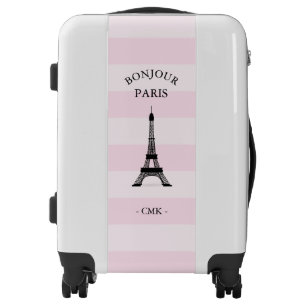 Bonjour Paris Chic Pink Stripes and Eiffel Tower Luggage