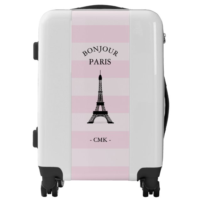 Bonjour Paris Chic Pink Stripes and Eiffel Tower Luggage (Front)
