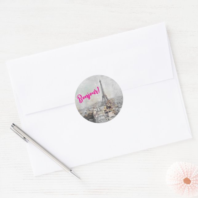 “Bonjour Paris” Eiffel Tower Classic Round Sticker (Envelope)