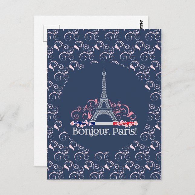 Bonjour Paris Eiffel Tower Floral Pattern Postcard (Front/Back)