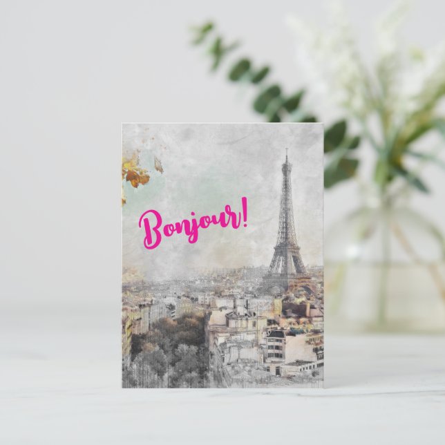 “Bonjour Paris” Eiffel Tower Postcard – Travel (Standing Front)