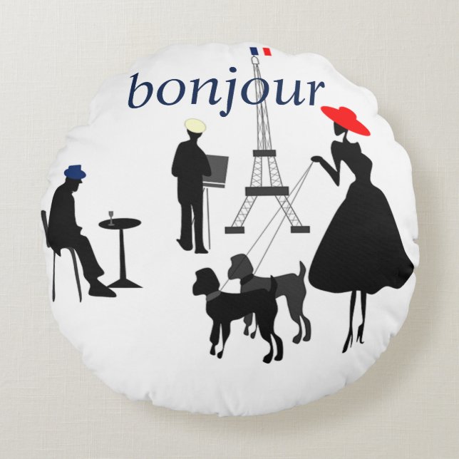 Bonjour Paris Round Pillow (Front)