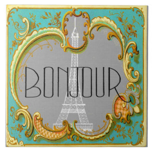 Bonjour Paris Vintage French Eiffel Tower Collage Ceramic Tile