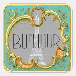 Bonjour Paris Vintage French Eiffel Tower Collage Square Sticker