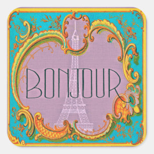 Bonjour Paris Vintage French Eiffel Tower Mauve Square Sticker