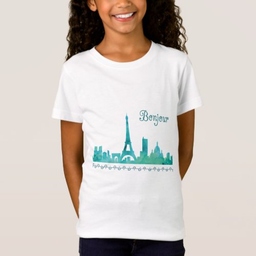 Bonjour Paris Watercolor Silhouette T_Shirt