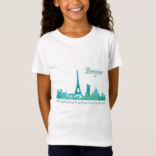 Bonjour Paris Watercolor Silhouette T-Shirt (Front)