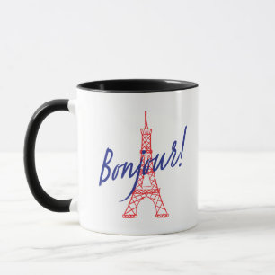 Bonjour Paris with Red Eiffel Tower Illustration Mug