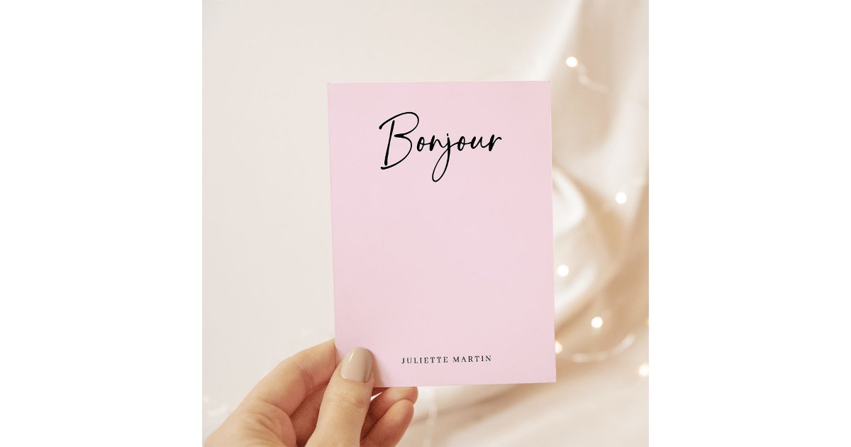 Bonjour Script Bonjour | Pink and Black Elegant French Script Note Card | Zazzle